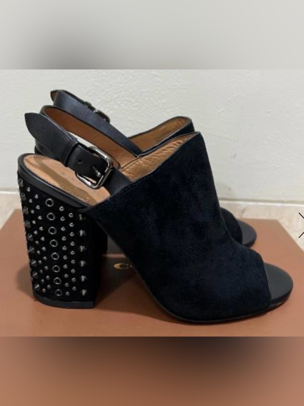 Coach Black Suede Studded Block Heel Slingback Mule